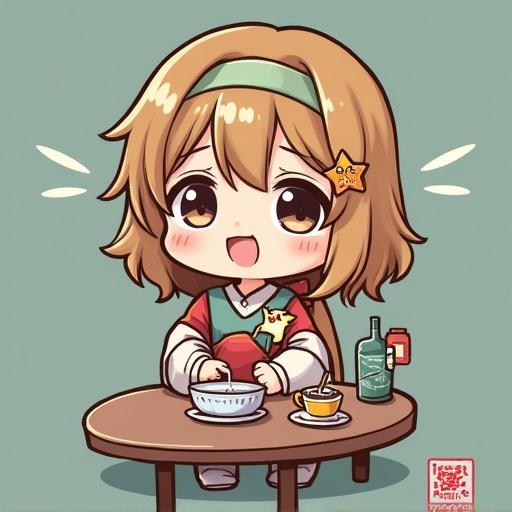 Anime character with large eyes and playful expression seated at a table with a bowl and cup. Setting features playful and warm colors.