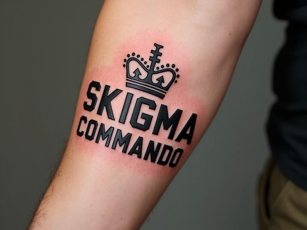 The image features a tattoo located on a forearm. It displays the phrase 'SKIGMA COMMANDO' prominently in bold black letters, accented by a crown above the text. The area surrounding the tattoo is slightly red, indicating fresh ink. The tattoo has a bold and modern design, suggesting a strong sense of identity and commitment. This artwork is ideal for those interested in military-inspired aesthetics and personal expression through body art.