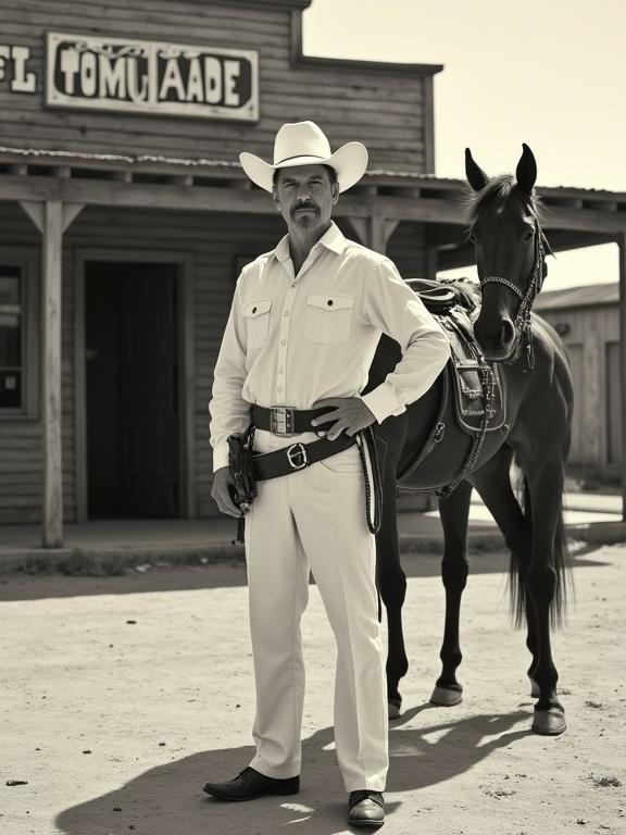 A surreal western scene in a dusty old town. A clean white cowboy stands proudly with hands on hips. A crystal glass of lemonade is in the gun holster. A horse stands behind him with musical notes strapped to its back. An old saloon is in the background with a lemonade logo above the door. Everything is in black and white except bright yellow lemonade. The image has cinematic lighting and is hyperrealistic. The style is like a vintage poster with a humorous and absurd tone.