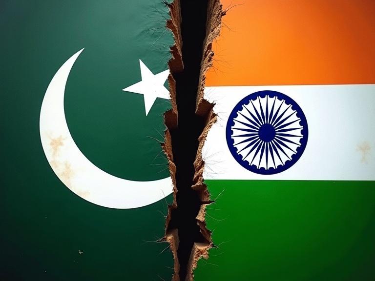 A visual metaphor shows Pakistan and India flags divided by a jagged chasm. On the left, green Pakistani flag has a crescent moon and star. On the right, Indian tricolor features saffron, white with Ashoka Chakra, and green. The crack runs diagonally across the frame. Edges of the fissure are rough and uneven. Smaller cracks branch out. Focused lighting highlights textures of flags and depth of divide. Represents conflict.