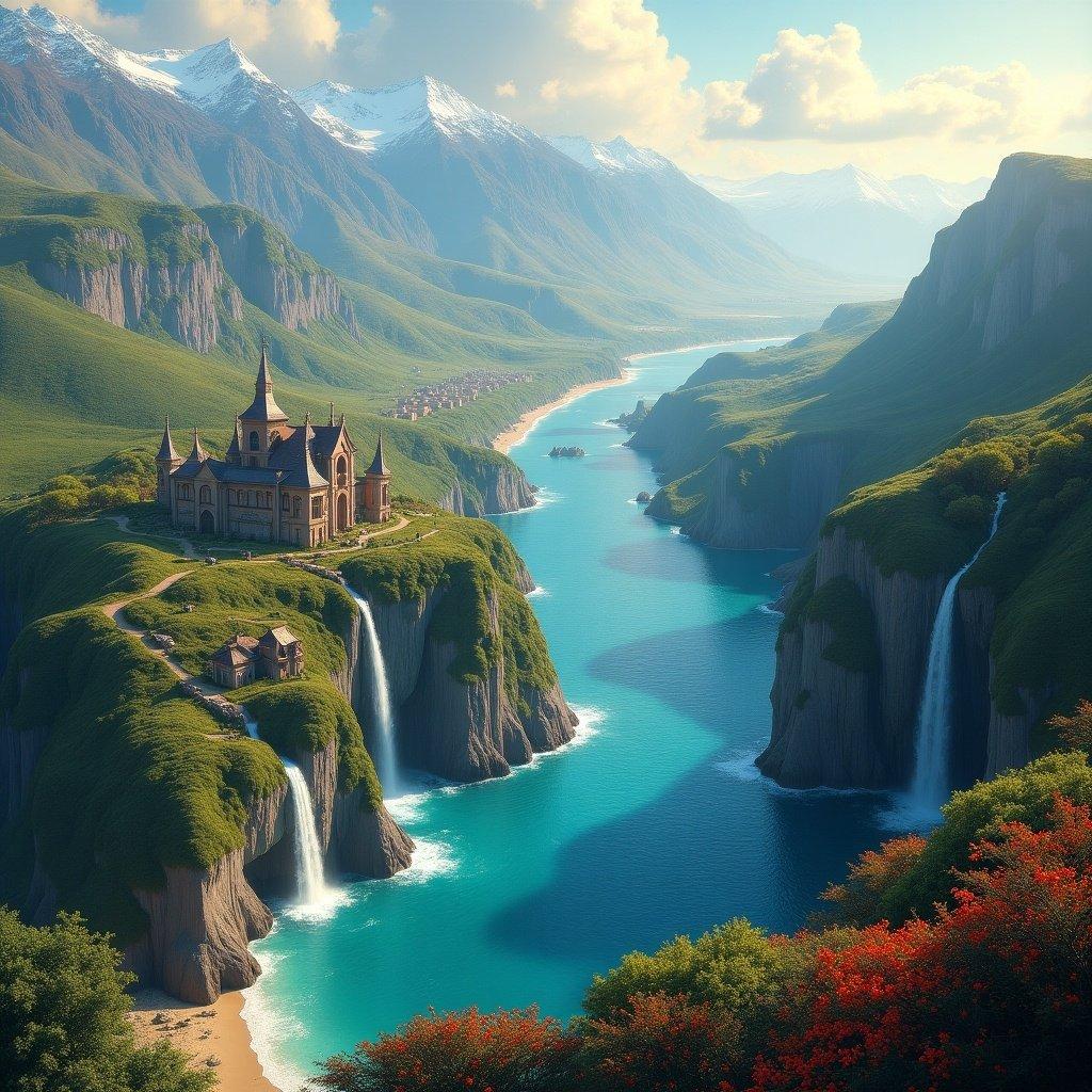 A hyper-realistic depiction of a stunning fantasy landscape. The scene features a majestic castle overlooking cascading waterfalls and a serene river flowing through lush greenery and mountains. Snow-capped peaks rise in the background, creating a breathtaking view of the continent.