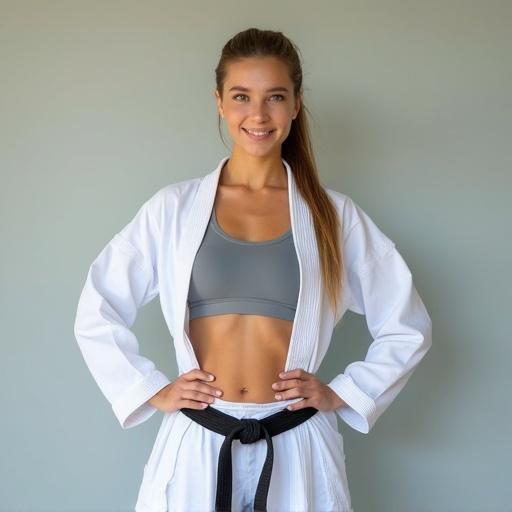 A young woman is in a victory pose. She wears a karate gi that is opened. She has a grey sports bra and impressive abs. Her hands are on her hips, and her hair is tied back in a ponytail. The background is plain and light-colored to focus on her.