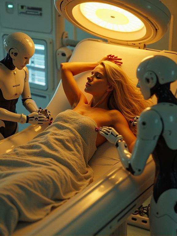 High-tech examination chamber with warm golden lighting. Young woman with blonde hair asleep on a med-bed. Advanced androids using medical arms to analyze wounds. Soft fog and floating data panels create a cyberpunk aesthetic.
