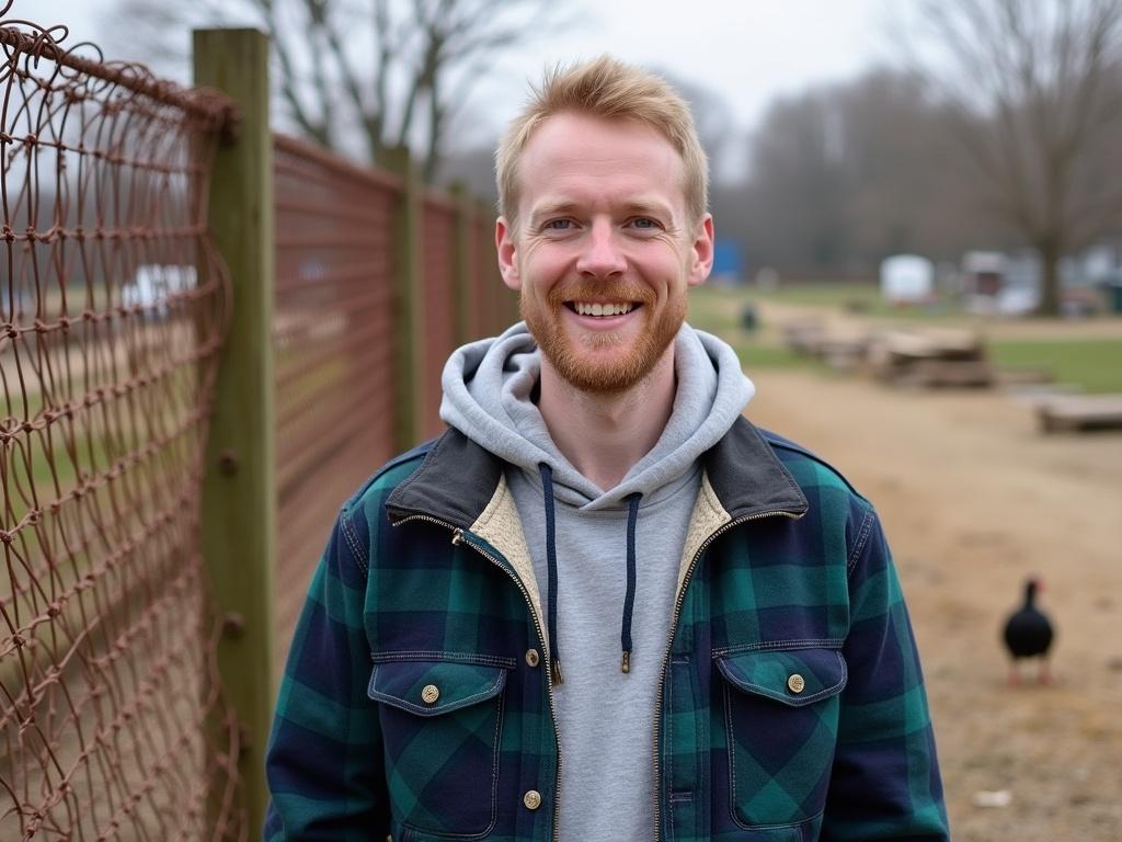 The image features a man with short light hair and light skin, smiling towards the camera. He wears a grey hoodie layered under a plaid jacket in blue and green tones. The background includes a rusty wire fence, an outdoor area with scattered wooden planks, and some structures resembling small buildings or sheds. In the distance, there are chickens or ducks visible, and the lighting appears overcast, contributing to a calm, rural atmosphere.