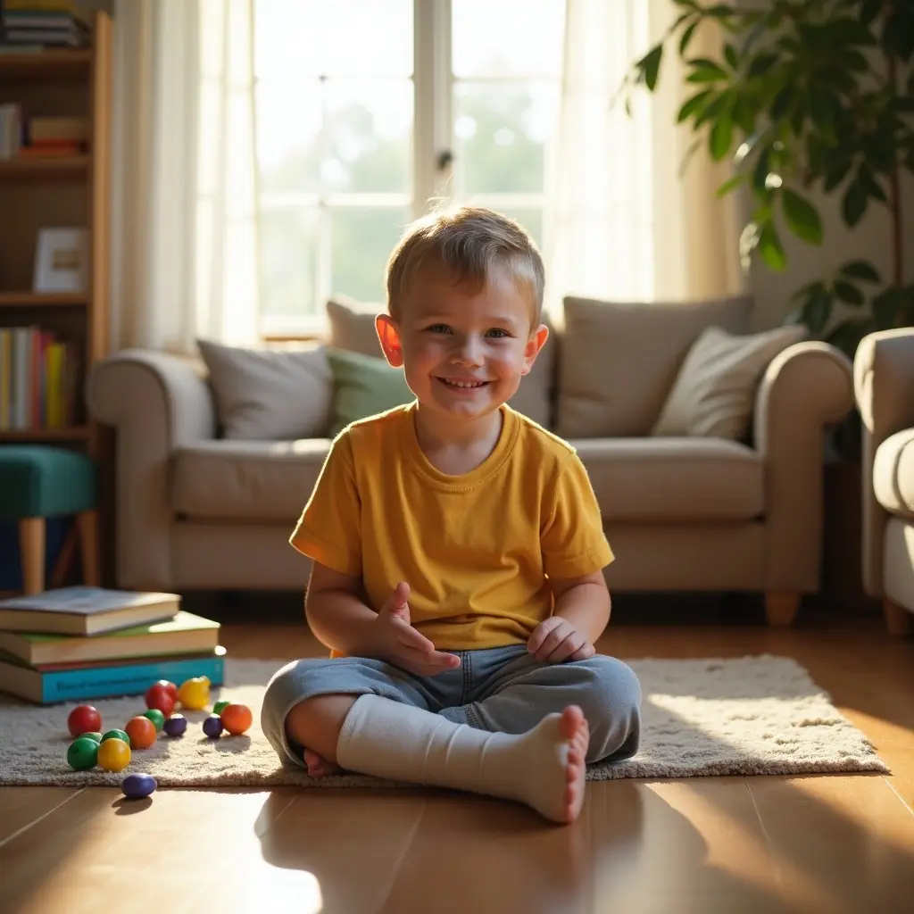 Boy sitting on a rug with a leg cast at home. Smiling and playful atmosphere. Natural light coming through a window. Cozy living room setting with couch and bookshelf.