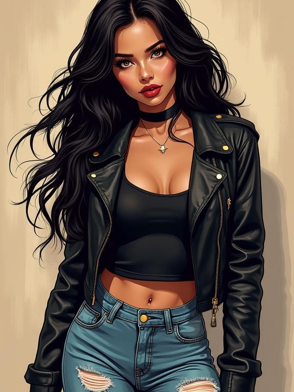 A full-body portrait of a teenage Latina girl with a curvy body. She has long, wild dark hair and warm brown eyes. She wears a fitted black leather jacket over a black top and stylish ripped jeans. Accessories include a choker and dark red lipstick. The image has a trendy background and is illustrated in a comic style with smooth lines and shading.