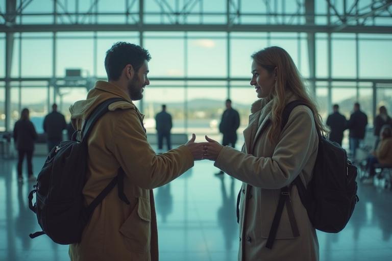 Airport hall scene. Two individuals approaching each other. One wearing a gray t-shirt with curly hair and a laptop. The other dressed as a civilian pilot in a black jacket with gold epaulets, a white shirt, and a black tie. View from the back with distant camera angle. Cinematic style. Wide shot with many people around. Low contrast. Neutral lighting. High detail in faces and surroundings.