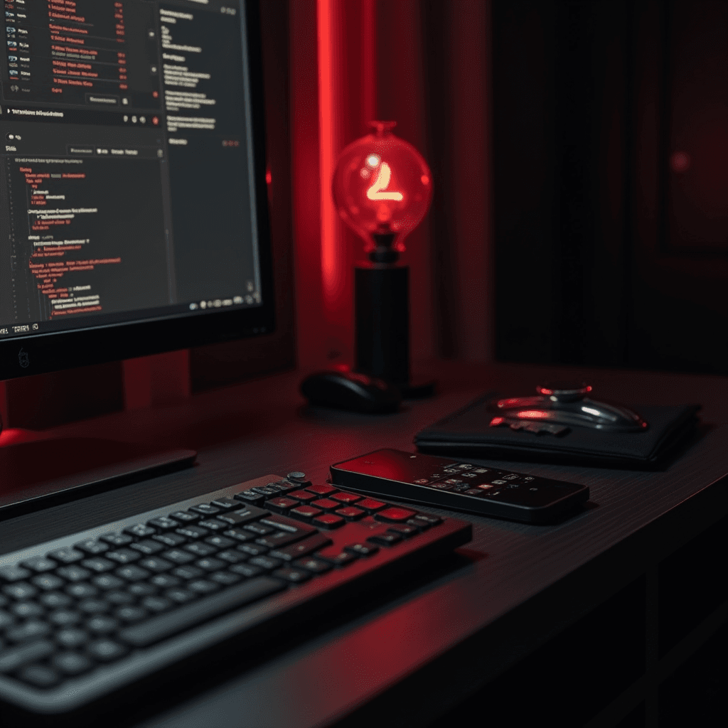 A dimly lit workspace highlighting programming code on a screen with red ambient lighting.