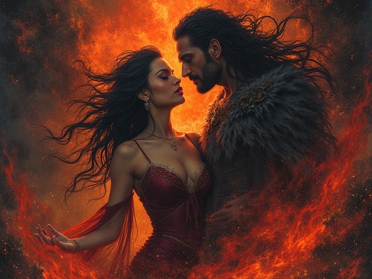 Heavy metal album cover for Furia Austral. Title is Amor en la Tempestad. Features a passionate embrace between a young attractive woman and a man. The image incorporates fiery elements in the background. Style aligns with heavy metal aesthetics. No design is a copy of existing album art.