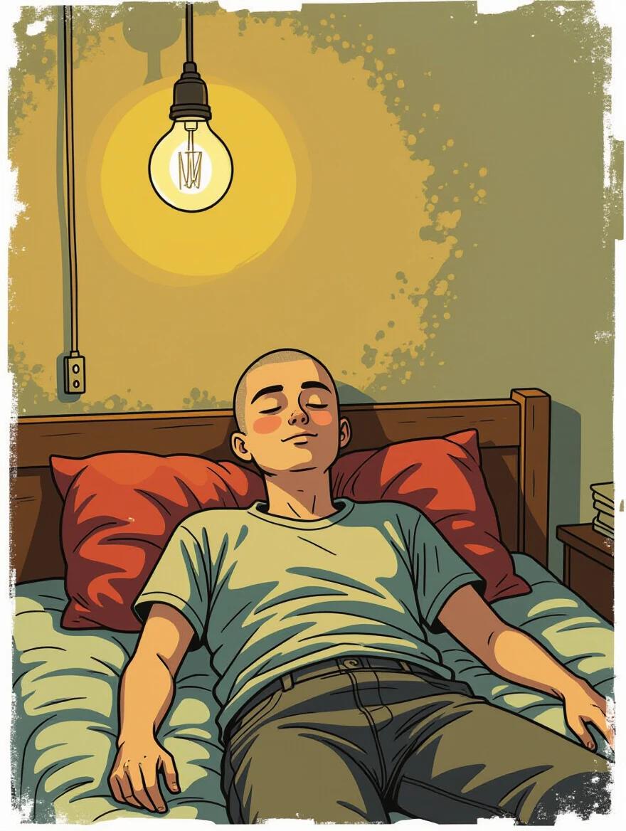 A person with a buzz cut lies on a mattress in a cluttered room. Single lightbulb hangs from ceiling lighting the scene. The wall behind is faded yellow and items are piled around. Person wears a slightly stained t-shirt and sweatpants. Their eyes are closed with a smiles hinting at dreams of freedom and money. Abstract forms represent beach and open road in their imagination. The palette is muted with soft lighting and shallow depth of field.