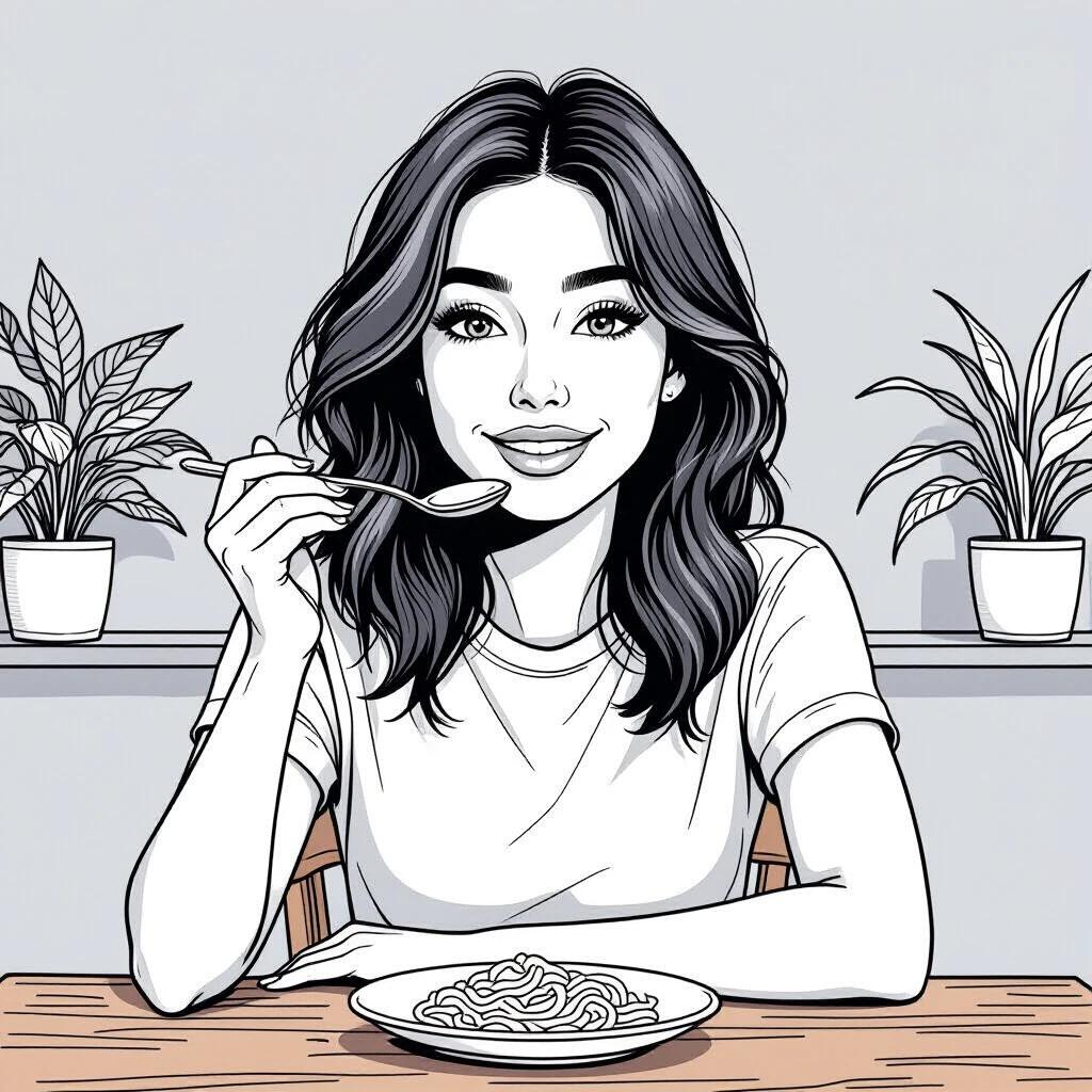 Young woman sitting at wooden table. She is holding a spoon near her mouth. A large ice cream sundae in front of her. Shoulder-length wavy hair with natural flow. Wearing casual top. Medium-sized circular hoop earrings. Relaxed posture with arms positioned naturally. Table has a sundae glass with layered ice cream, whipped cream, and a cherry. Background features wooden plank wall. Clean black ink outlines with no fill colors. High contrast vector illustration with anatomically correct proportions.