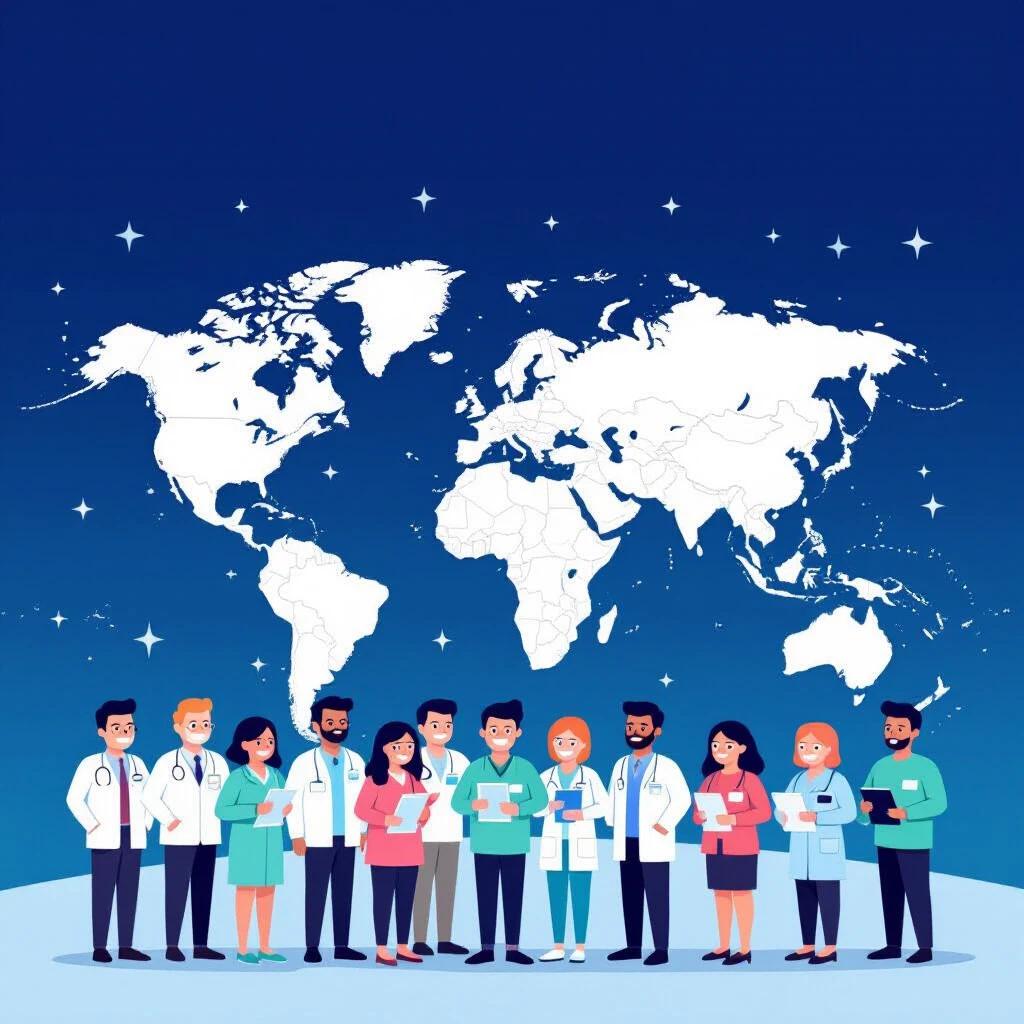 Light world map displays diverse group of patients in cartoon style. Group features medical professionals in colorful attire. Engaged in discussion or looking at mobile devices. World map emphasizes global healthcare connection. Bright and inviting atmosphere.
