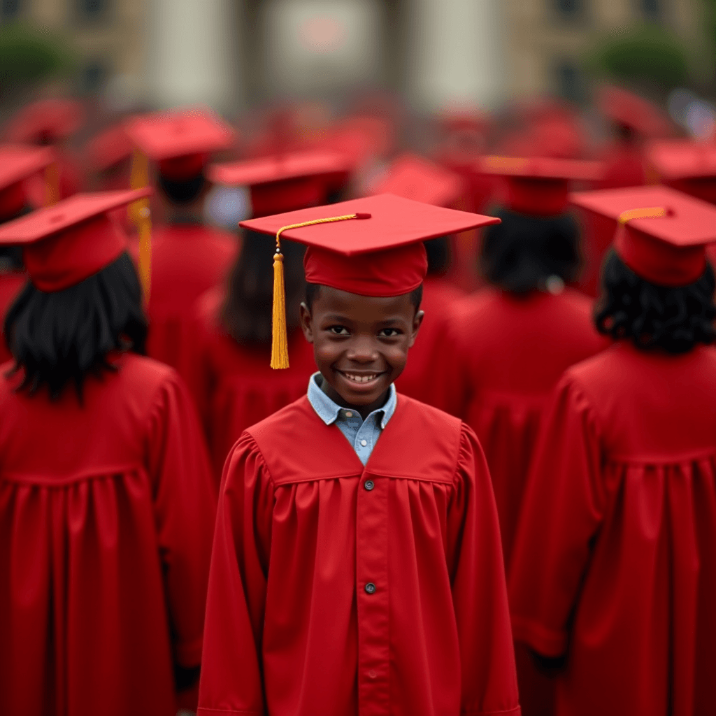 A young boy in a red graduation gown and cap smiles happily among a group of graduates.