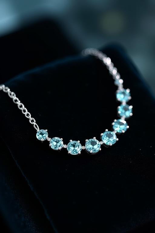 Photorealistic image of a thin elegant tennis necklace. Chain made of 1.2mm wide 18k white gold. Contains 45 round brilliant-cut aquamarines, 3mm each. Color is soft teal-blue. VVS clarity. Ideal cutting proportions for sparkle. Minimalist four-prong settings with micro-bead detailing. Necklace shown in a 'C' shape on black velvet. Sharp focus on center stones with bokeh effect. Strong spotlight creating facet reflections. Soft fill light for transparency. Accent light highlighting texture. Water ripple reflection pattern on center stones. One diamond dust particle near clasp.