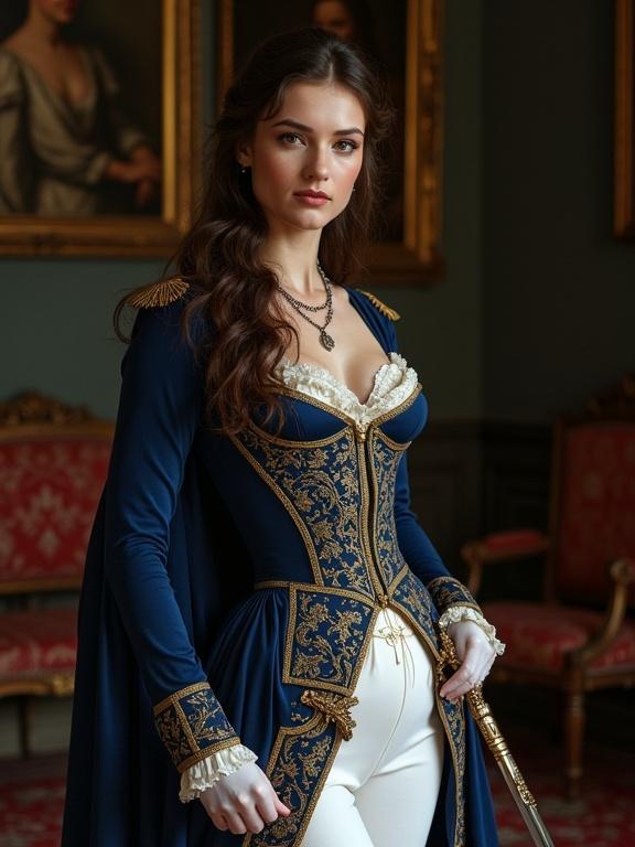 A young woman in a Napoleonic uniform. She stands in a dark room with fine carpets and portraits. Long brunette hair and brown eyes. Large bust and thin waist. Intricate and detailed uniform. Full body view. Sword in one hand, other hand on hip. White corset and tight trousers. Soft, rounded face with makeup and freckles. Wearing a necklace and gloves.
