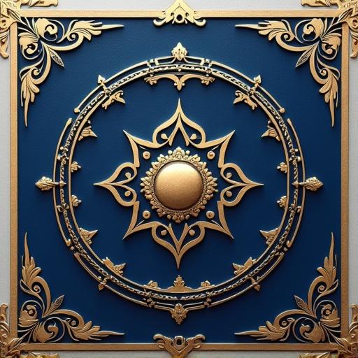 Ticket cover features dark blue background with elaborate gold designs. Central emblem surrounded by intricate patterns. Accents of white enhance the overall elegance.