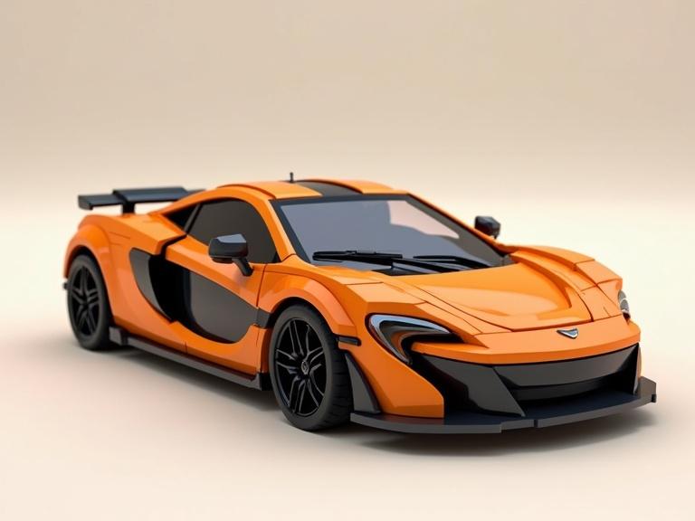 Orange McLaren sport car in a voxel style. 3D model with cubical design. Eye-catching and modern appearance.