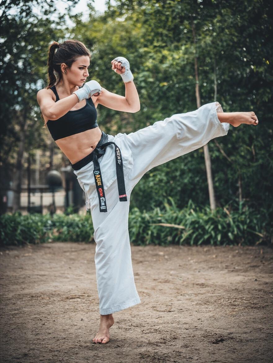 Woman practicing martial arts with a high kick in an outdoor setting.