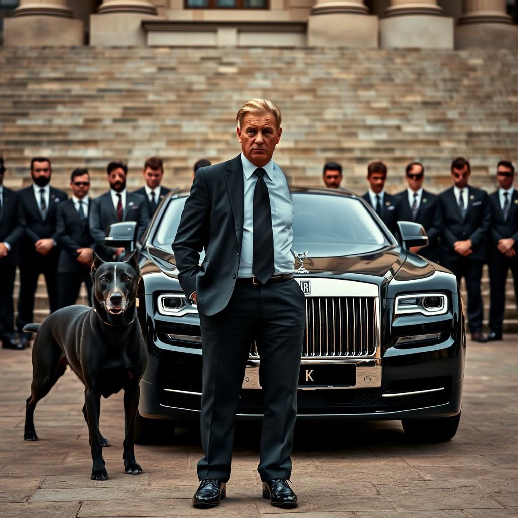 A distinguished man stands assertively in front of a luxury car, flanked by a large black dog, with poised men in suits lined up behind them.