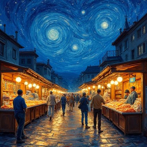 A vibrant night market scene with swirling starry skies inspired by Van Gogh. Stalls glow with light showcasing fresh produce. Merchants in action, engaging customers. A bustling atmosphere captures a dreamlike essence.
