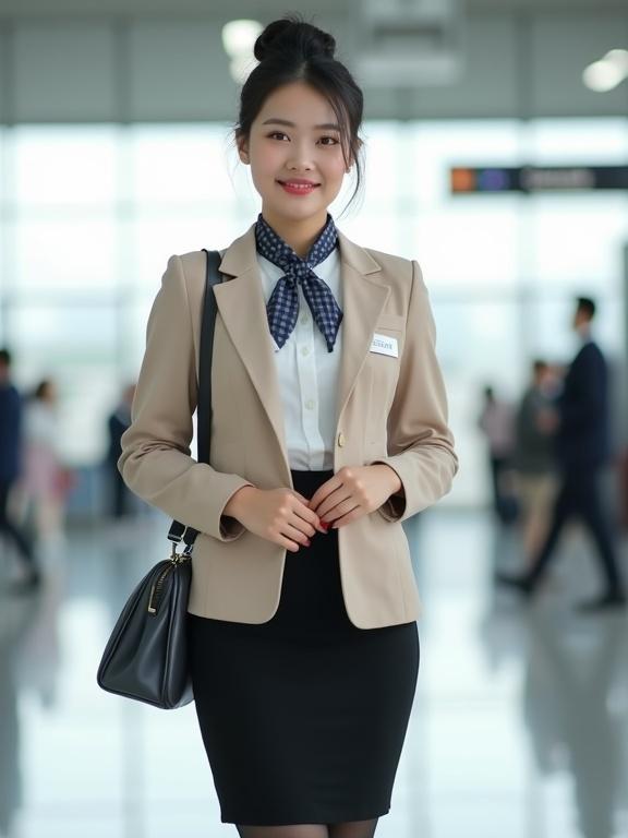 Full body in frame. Young Asian female in airport uniform. Crisp white blouse with blazer. Black pencil skirt and pantyhose. Black pumps. Neat bun hairstyle. Light makeup with red lips. Smiling expression. Silver name tag. Black lanyard with ID badge. Gingham scarf. Dark grey satchel. Standing straight in airport terminal.