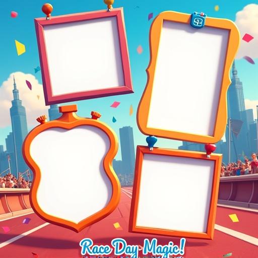 Colorful and energetic photo collage template for a marathon event. Four decorative photo frames with unique shapes inspired by running. The frames are arranged in a diamond layout against a bright background with a city skyline. Title 'Race Day Magic!' at the bottom.