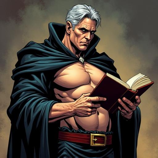 Muscular male character with gray hair wearing a large cloak. Character holds an open bible and displays a strong physique. Strong focus on character's huge breasts and wide hips. Illustrated in clean comic style. Bright lighting enhances features and details.