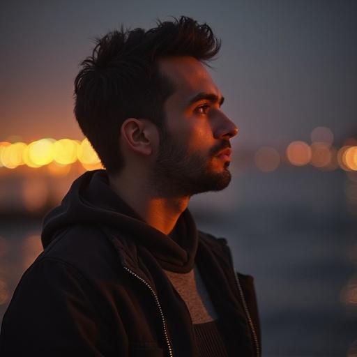 A young man stands alone at night, looking thoughtful and contemplative. The background is blurred city lights, creating an atmospheric vibe. He appears to be reflecting on life and relationships.