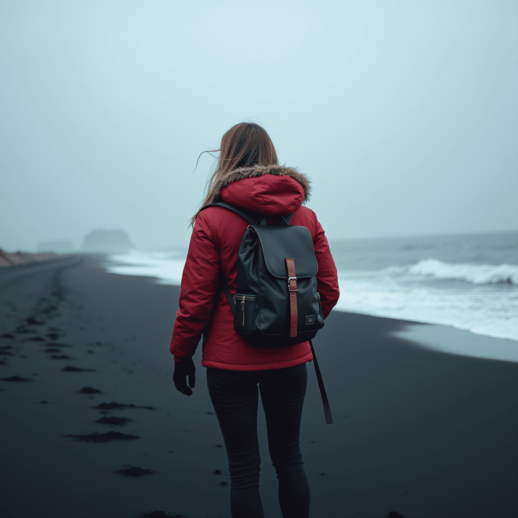 A person in a red coat stands on a foggy beach with black sand and waves rolling in.