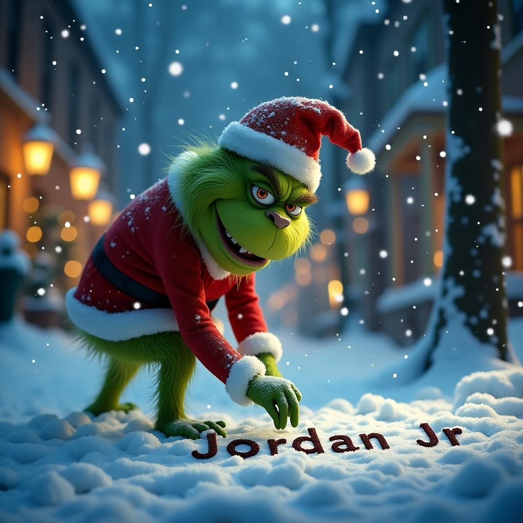 A green creature in a Santa outfit writing 'Jordan Jr' in the snow during Christmas. Gentle snowfall and a magical winter setting enhance the scene.