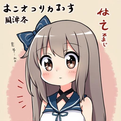 Anime-style character with long hair. Character has a large bow. Expression is neutral and cute. Bright and colorful design.