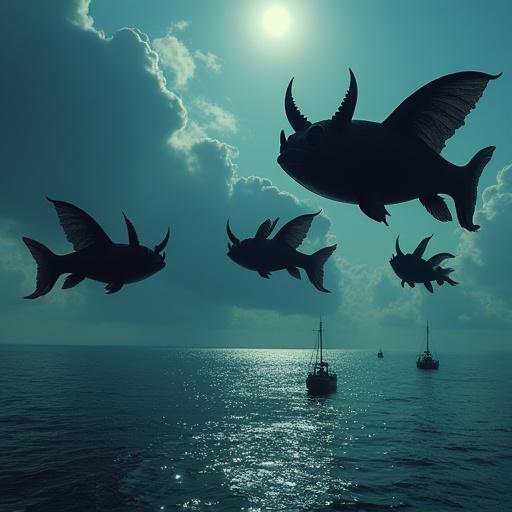 Five black piranhas with wings and horns fly over the sea. They have large sharp teeth. Below, small ships are visible. The scene is at night.
