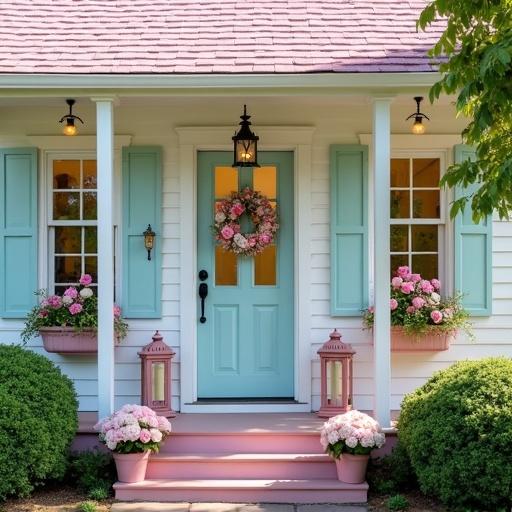 Bright sunny day, full view of a light pink and white cottage with six windows. Two flower boxes on each window. Front porch leads to a light aqua door with a wreath. Big flower pots with pink roses and white hydrangeas. Light aqua lanterns beside flower pots. Twinkle lights on the wreath.
