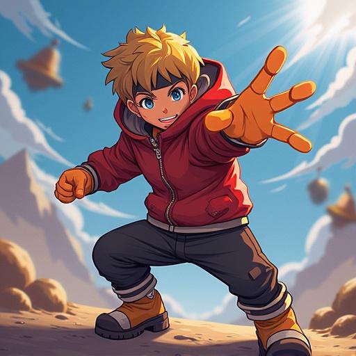 Preview image for a realistic Beyblade mobile game featuring a young male character in dynamic pose. Character has spiky hair and wearing a red jacket. The background shows stylized clouds and floating objects.