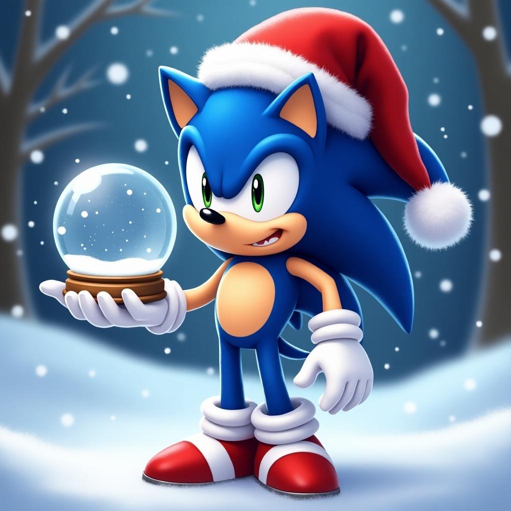 Sonic the Hedgehog character in a Christmas hat holding an empty snow globe. Surrounded by a winter background with snow. Expressing excitement and wonder.