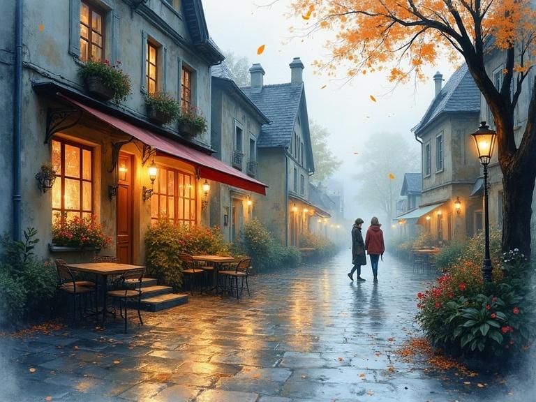 Whimsical village scene featuring a rainy atmosphere on cobblestone lantern streets. Two figures walking near open cafes. The background is soft with autumn leaves falling. Captures the essence of a cozy night in a picturesque setting.