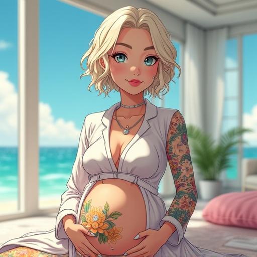 Anime style artwork featuring a 52 year old woman. She has frosted blue eyes and short light blonde hair. The character is wearing elegant maternity pajamas. She is six months pregnant. The setting is a luxurious nursery in Miami. The character showcases traditional Japanese tattoos and a happy expression.
