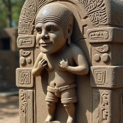 Image of a carved statue representing Sicán culture. The statue shows a man with traditional attire and a joyful expression. The stone texture appears detailed and artistic. The setting is outdoors, showcasing the statue's historical significance.