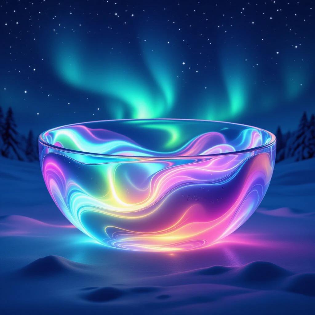 A shimmering translucent bowl of jelly molded from ribbons of the aurora borealis. Swirls of vibrant colors undulate within. Set against a dark star-filled sky.