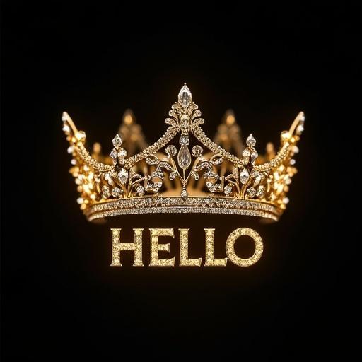 Close-up photograph of a gold crown above the word 'HELLO' in luxurious gold lettering. Background is deep black. Crown is detailed with shiny diamonds that reflect light. The atmosphere is regal and elegant. Below 'HELLO', small handwritten text reads 'by Muny Vathana'.
