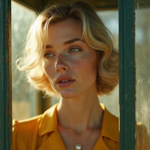 Hyper-realistic portrait featuring a blonde-haired woman inside a weathered telephone booth. Sunlight streams across her freckled porcelain skin through cracked glass. She wears a striking golden silk dress from the 1950s with pearl buttons. Emotional expression conveys urgency. Shot on high-end cinematic equipment.