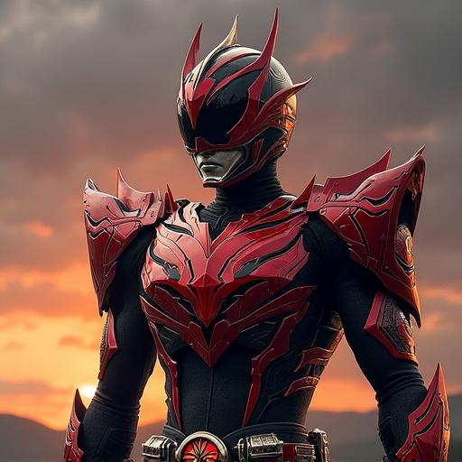 Character depicted in armor inspired by samurai and Kamen Rider themes. The figure showcases various forms with intricate red and black design elements. Strong post with a dramatic backdrop. 