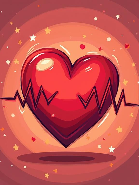 Animated beating red heart with motion lines. Energetic pulse depicts life. Vibrant colors enhance playful cartoon style. Background features stars and sparkles.