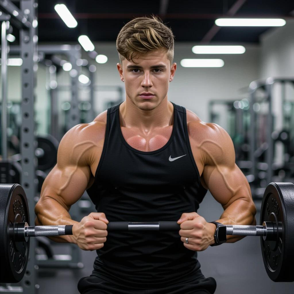 Muscular man performs a workout at the gym. He focuses intensely on lifting weights. He wears a black tank top. Muscles are flexed clearly. The gym is upscale with mirrors and weights. Studio lighting is used to enhance details.
