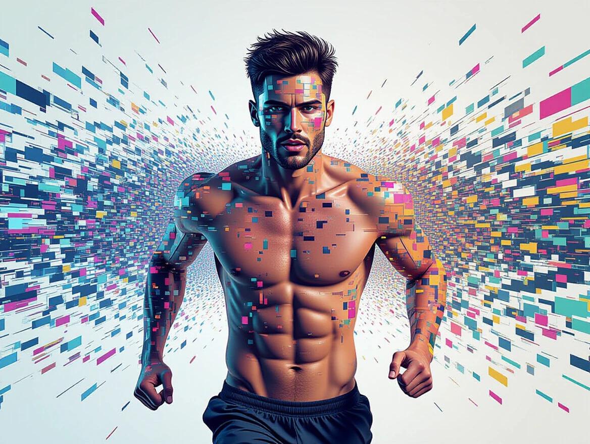 Digital glitch art featuring an abstract representation of a muscular male figure running in a front view. The face is pixelated, and the body appears as shifting pixel blocks. Textures include data moshing effects and colorful static. The style is experimental and avant-garde with a surreal composition.