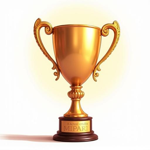 Image shows a golden trophy with intricate designs. Trophy is placed against a white background. An American flag is displayed prominently in front of the trophy. The style is cartoonish and playful.