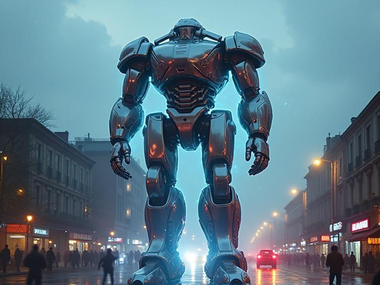 Create cinematic image of a huge metallic robot standing in town street. The robot has a curvy design with glowing blue features. Include details of dark cloudy weather and street elements like traffic and buildings. Use a dark blue filter for a dramatic effect.