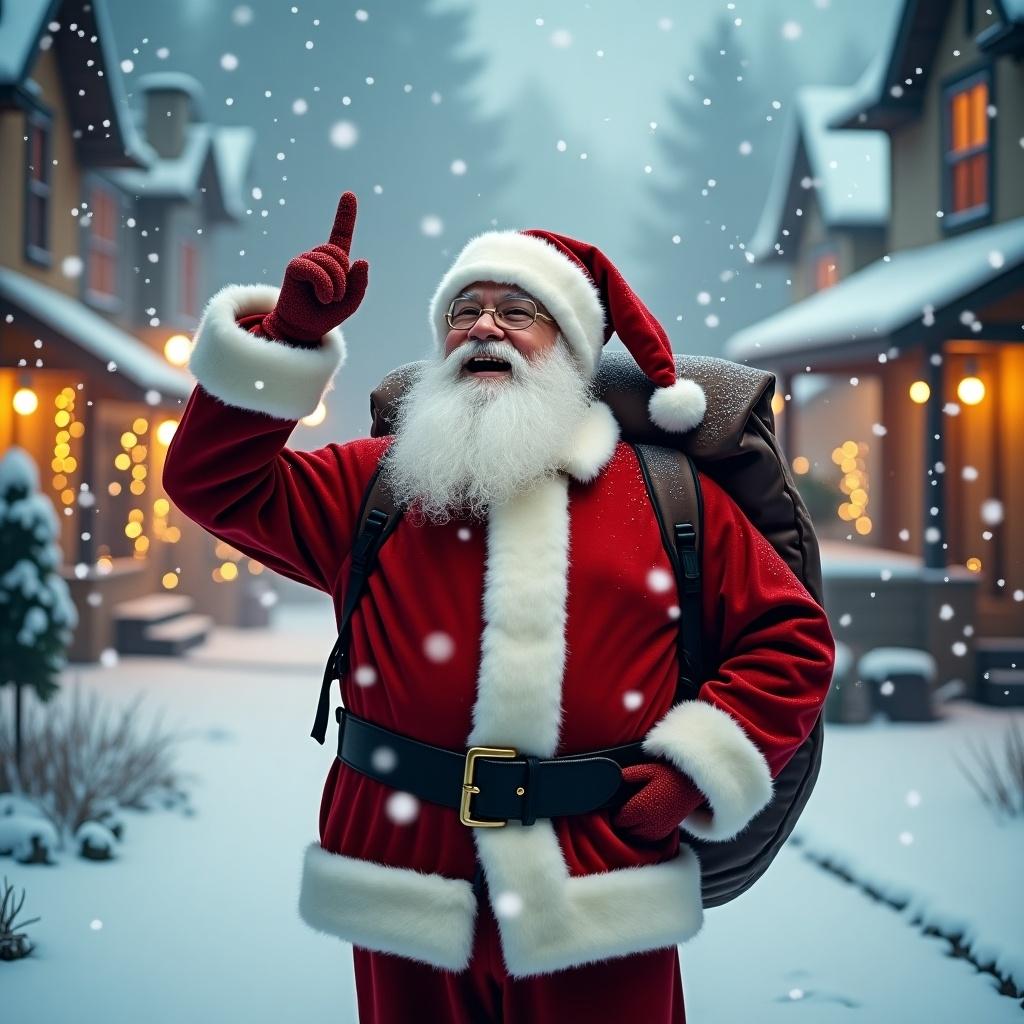 In a snowy village, Santa Claus stands happily. He wears his traditional red suit and has a big bag slung over his shoulder. Santa is pointing up at the sky. Snowflakes gently fall around him, adding to the festive atmosphere. Cozy homes with warm lights can be seen in the background, enhancing the holiday spirit.