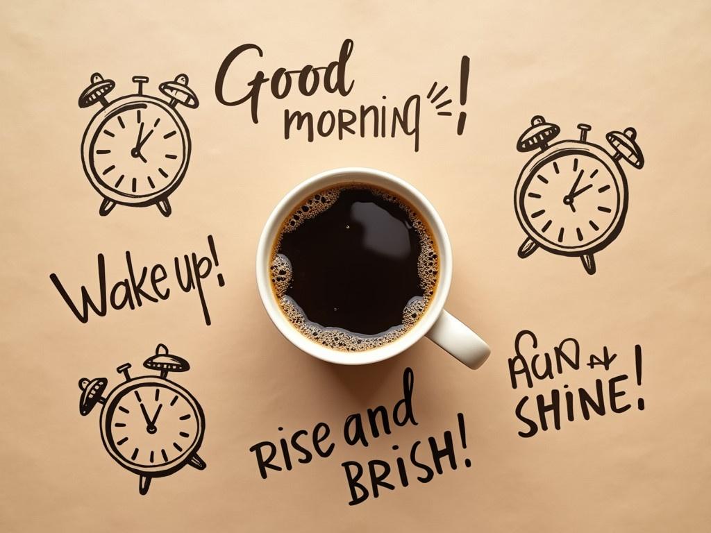 The image features a beautifully arranged coffee cup sitting on a brown paper background. The coffee is rich and steaming, inviting anyone to take a sip. Surrounding the coffee are playful, hand-drawn illustrations of alarm clocks indicating it's time to wake up. Written in a casual, uplifting font are phrases like 'Good Morning!', 'Wake Up!', and 'Rise and Shine!'. The overall atmosphere is warm and motivational, perfect for starting a bright new day.