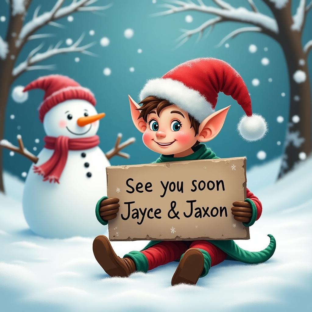 Illustration of an elf in the North Pole snow holding a sign. Snowman in the background. Festive winter scene.